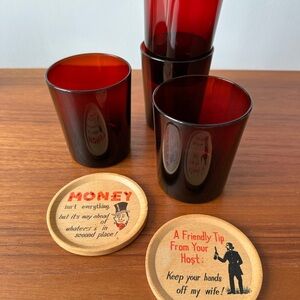 Vintage Red Glass Tumblers with Coasters